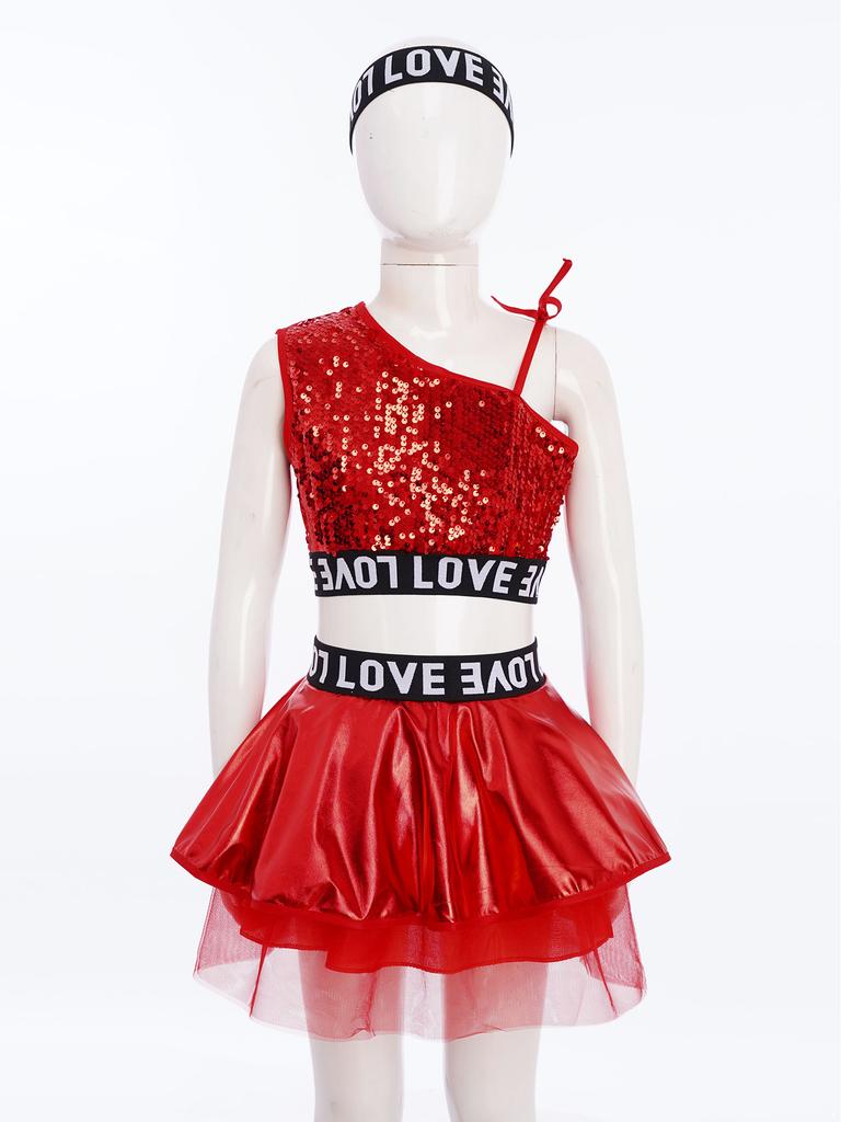 Girls 3 Piece Hip Hop Jazz Dance Costume One Shoulder Sleeveless Sequin Vest Metallic Tutu Skirt Letter Printed Hairband Set