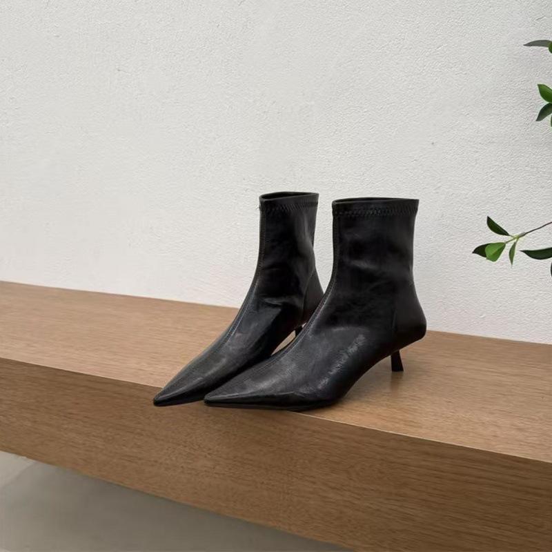 Pointed thin high heel elastic sleeve thin short boots velvet fashion simple retro classic thin short boots