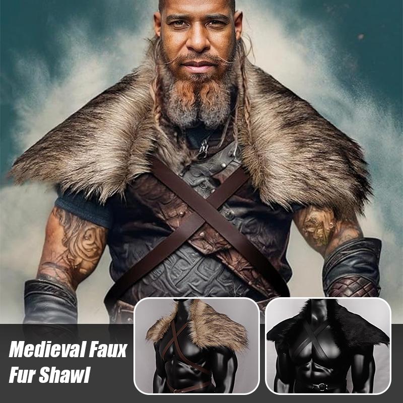 Man Medieval Faux Fur Cape Shoulder Cloak With Chest Strap Faux Fur Collar Retro Viking Fur Cape Halloween Cosplay Costume