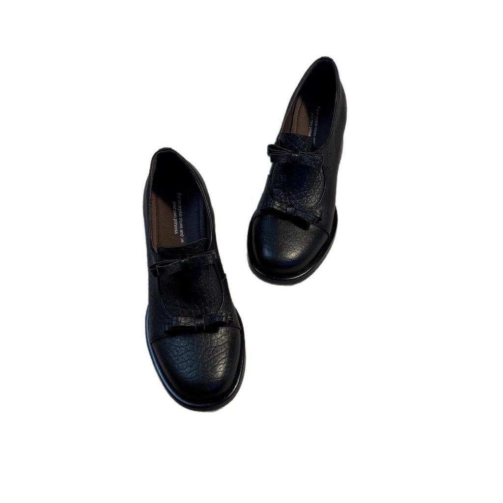 Sheepskin Version~ Retro Temperament Niche Design British Style Round Head Loafers Commuting Thick Heel Women's Shallow Mouth Single Shoes