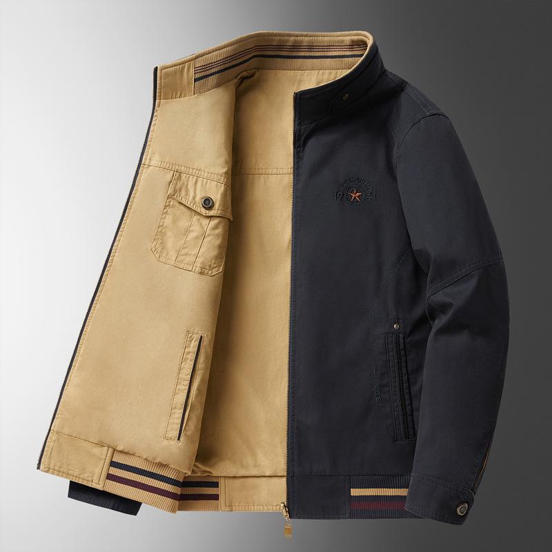Spring and Autumn Men's Stand Collar Pure Cotton Washed Slim Coat Flight Jacket Male