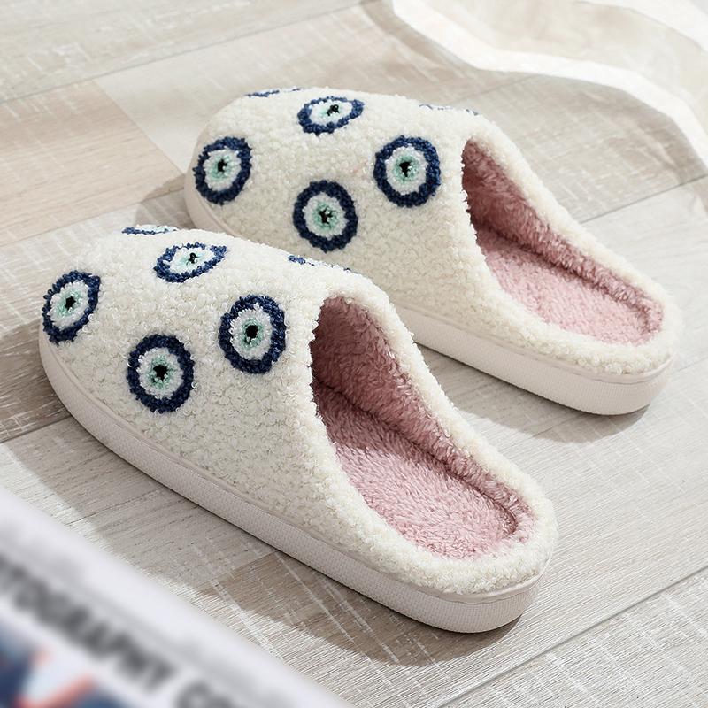 Fashion All Match Cartoon Eyes Cotton Women Slippers Winter White Faux Fur Pull On Slides Woman Non Slip Soft Bottom Plush Shoes Female