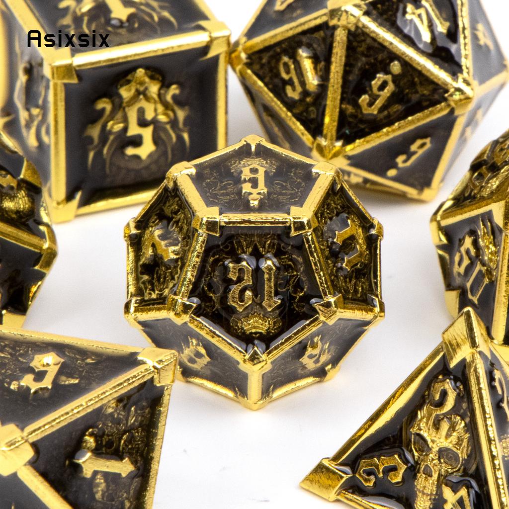 7 Pcs Black Golden Skull Metal Dice Solid Metal Polyhedral Dice Set Suitable for Role-Playing RPG Board Game Card Game