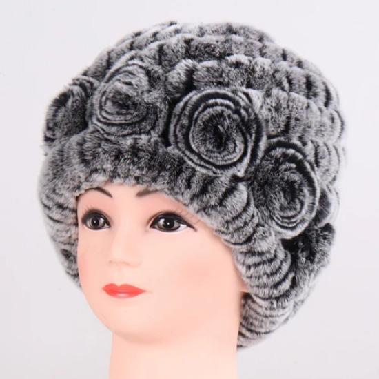 Hot Sale Winter Women Flower Striped Natural Real Fur Hats Lady Warm Knit Genuine Rex Rabbit Fur Caps Outdoor Fur Beanies Hats