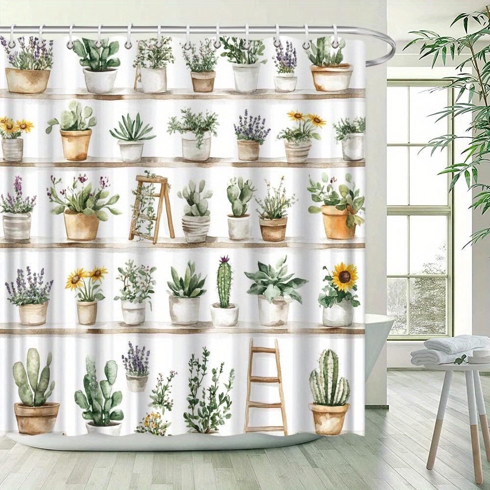 Aquarell Botanischer Duschvorhang - Holzregale & Topfpflanzen, Künstlerische Badezimmerdekoration, Einfache Installation