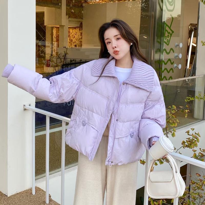 

Down jacket women s short knitted large lapel collar warm loose duck down new jacket thickened average size recommended 85-72.5 kg