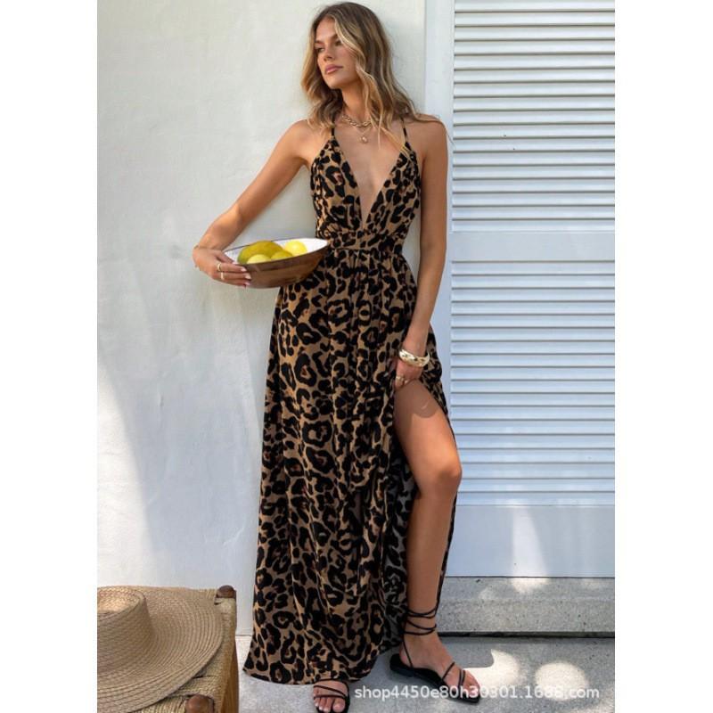 

New Leopard Print Suspender V-neck Elegant Dress High-waist Sexy Temperament Fashionable XL леопардовый