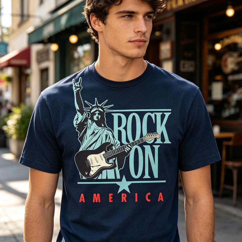 Rock On America Statue of Liberty Guitar Graphic T Shirt Unisex Unisex Unisex Cotton Short Sleeve Tee Casual Streetwear Holiday
