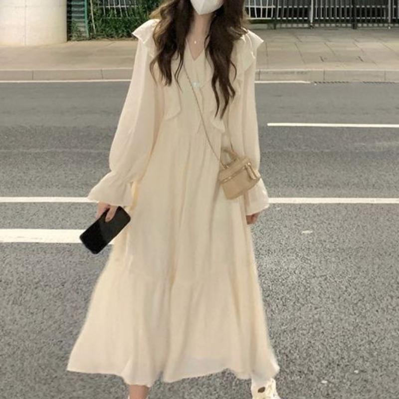 French High-End Ruffled Long Sleeve Dress Women's Autumn Stylish High-Waist Long Dress