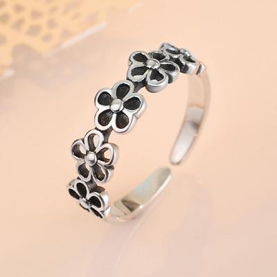 New Fancy Black Flower Opening Rings for Women Metal Antique Silver Color Hollow Flower Adjustable Ring New Statement Jewelry