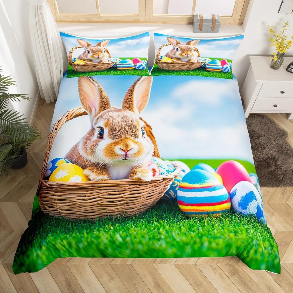 Juego de Ropa de Cama Suave con Huevos de Pascua Estampado 3D Dibujos Animados de Conejo Huevos Funda Nórdica Funda de Almohada de Poliéster Saludos y Regalos Para el Día de Pascua