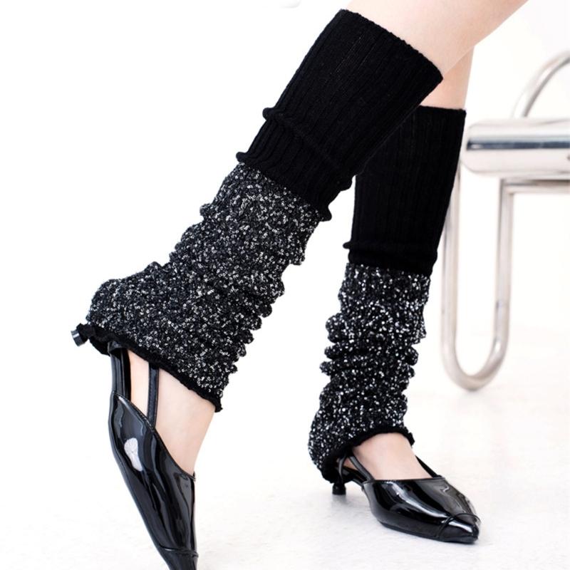 Womens Vintage Ribbed Knit Stretch Long Leg Warmer Party Dance Glitter Sequins Patchwork Solid Boot Socks Leg Cover