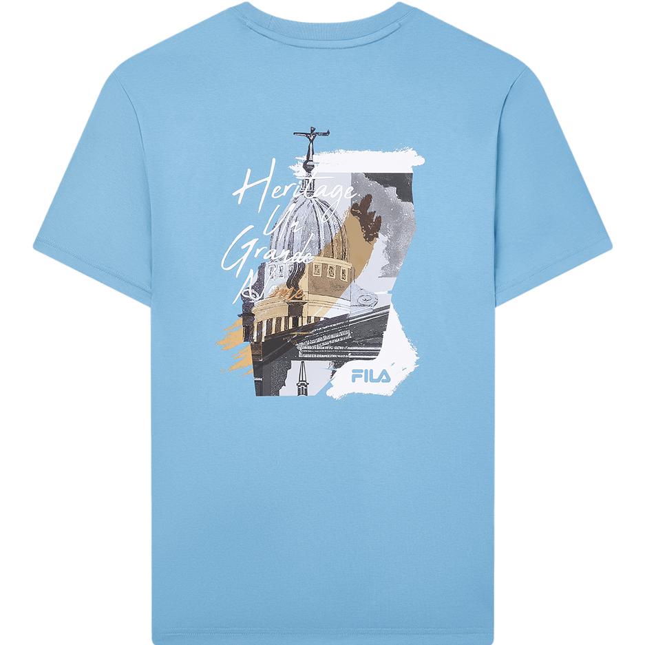 FILA Fashionable Simple Loose Printed Round Neck Knitted Short Sleeve T-Shirt Men Tops Ocean-Blue F11M338114F-BU