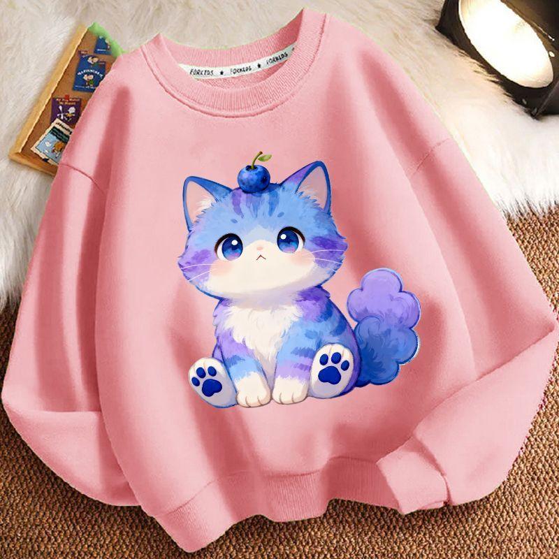 Children's Fashionable Cartoon Kitten Hoodie for Autumn and Winter, Casual Long-sleeved Round-neck Top for Boys and Girls