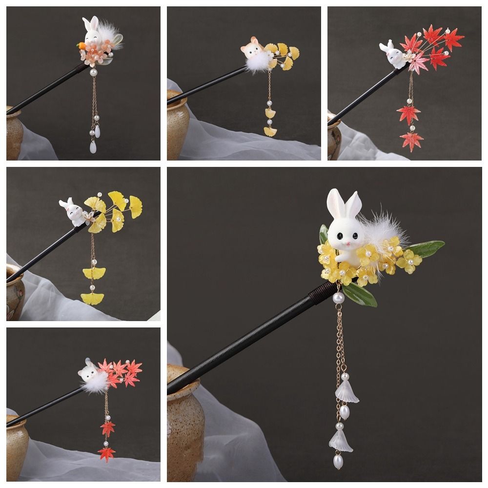 Flower Wooden Hair Stick Rabbit Hanfu Hairpin Antique   For Girl