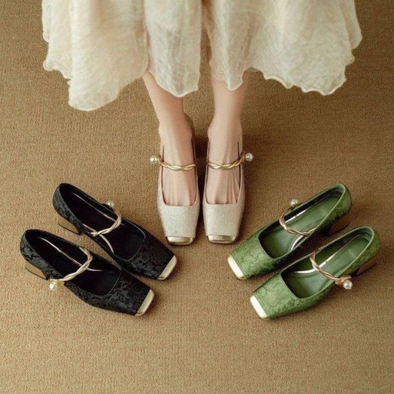 Spring high heels women's one-word strap single shoes color matching square head Mary Jane shoes pearl thick heel
