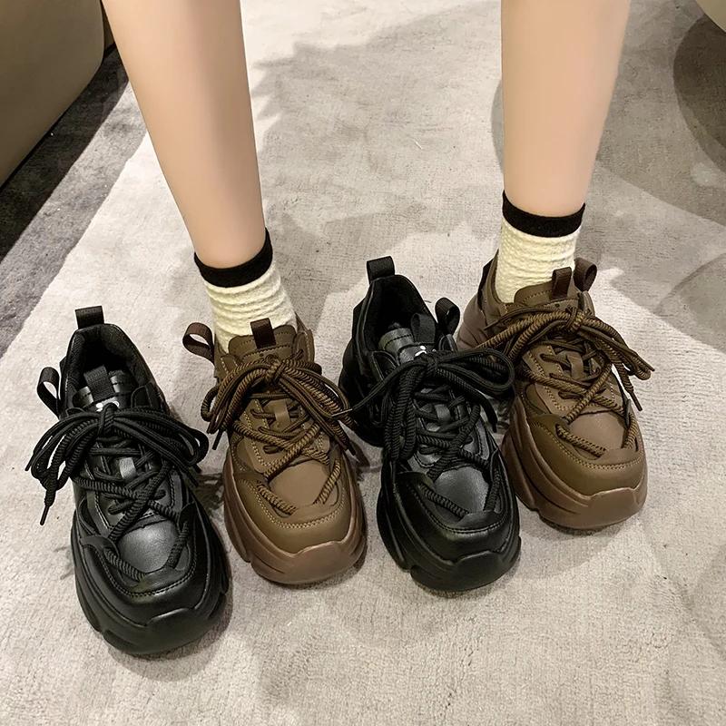 Fashion Women Chunky Sneakers 2024 Winter High Platform Warm Fur Shoes Ladies Wedges Casual Dad Shoes Autumn Leather Sports Sneakers 8CM