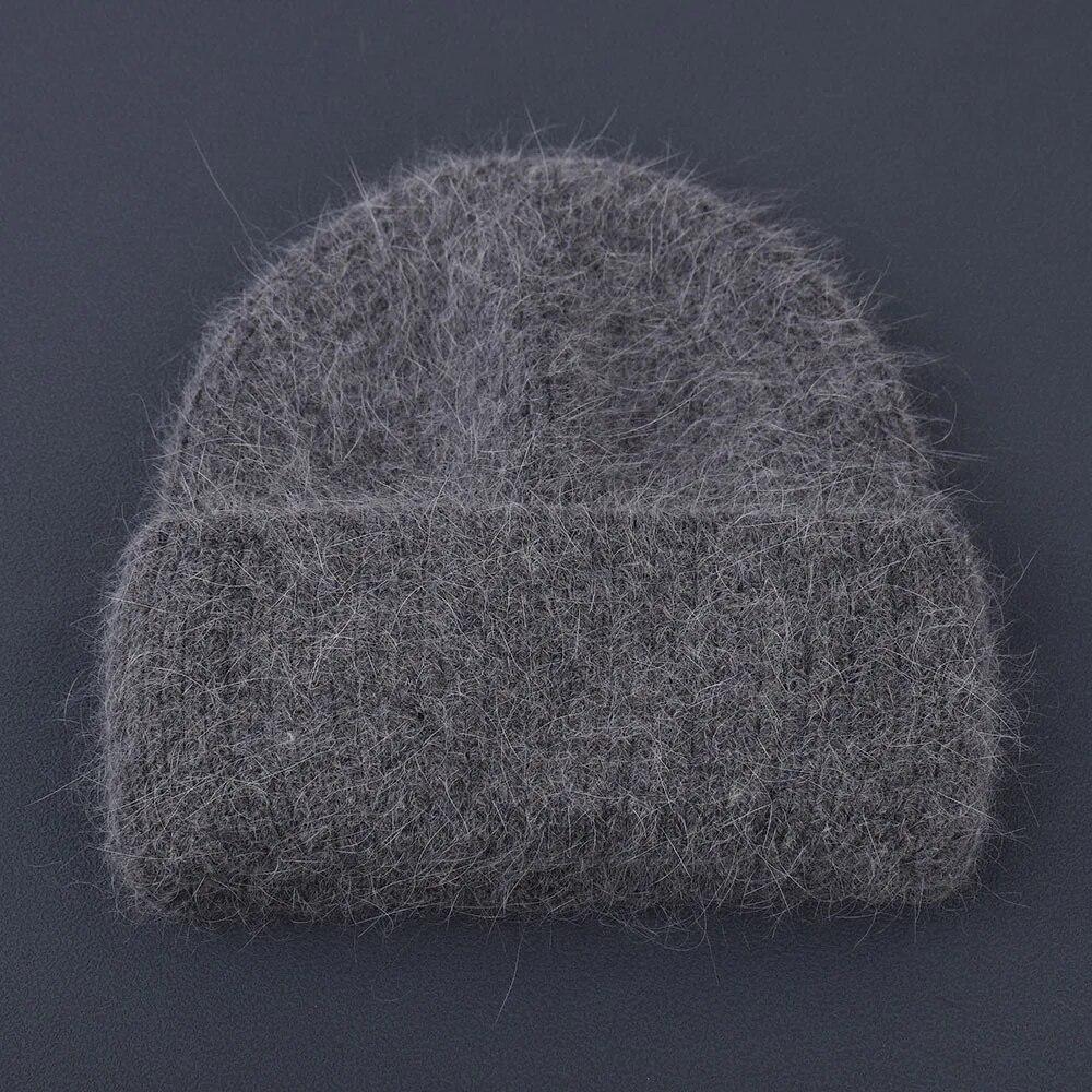 Winter Real Rabbit Fur Knitted Beanies For Women Fashion Solid Warm Cashmere Wool Skullies Beanies Female Fold Thick Hats