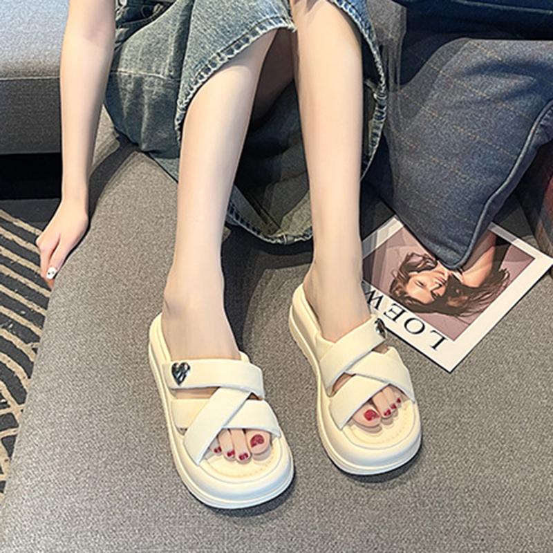 Thick Bottom Soft Rubber Women's Non-slip Heightened Home Casual Slippers Summer Outdoor White With Solid Color Sandals Slippers