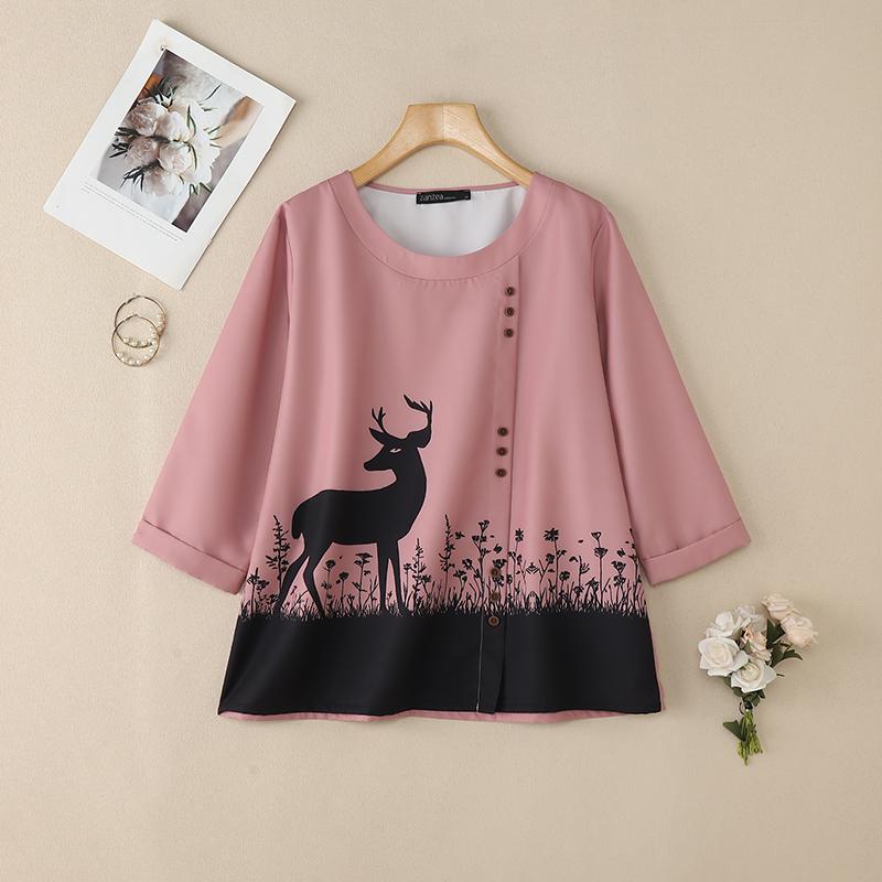 ZANZEA Women Casual Round Neck 3/4 Sleeve Loose Print Blouse