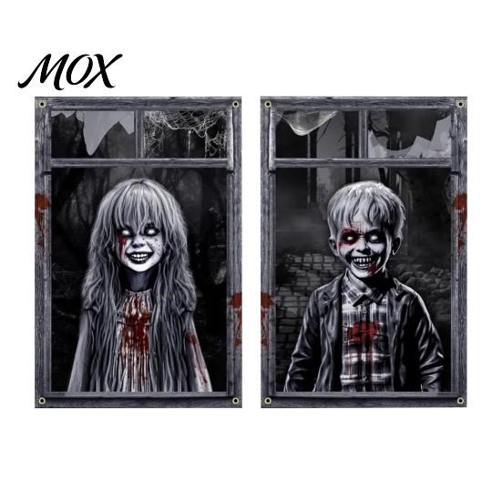 Holiday Window Display 2Pcs Halloween Horror Clings, 80x120cm Spooky Ghost Skeleton Haunted House Decorations Decal Stickers for Glass, Party Sign in