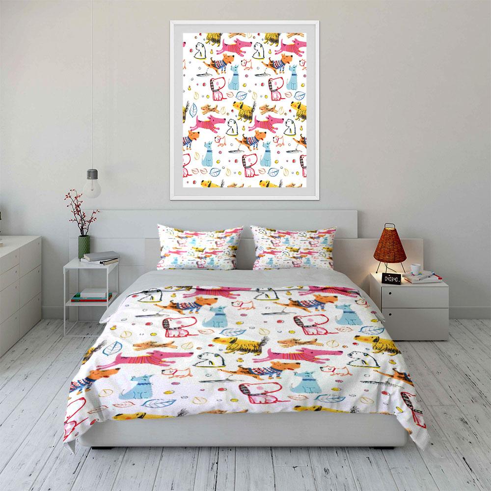 Colorful Dogs Pattern Set Decor Soft Skin-Friendly Bedding Set Includes 1 Duvet Cover And 2 Pillowcase Gift