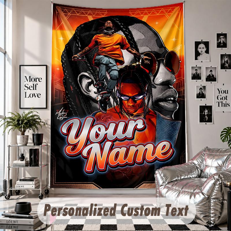 Wall Hanging Tapestry With Custom Name & Text, Travis Scott Decorative Tapestry For Bedroom