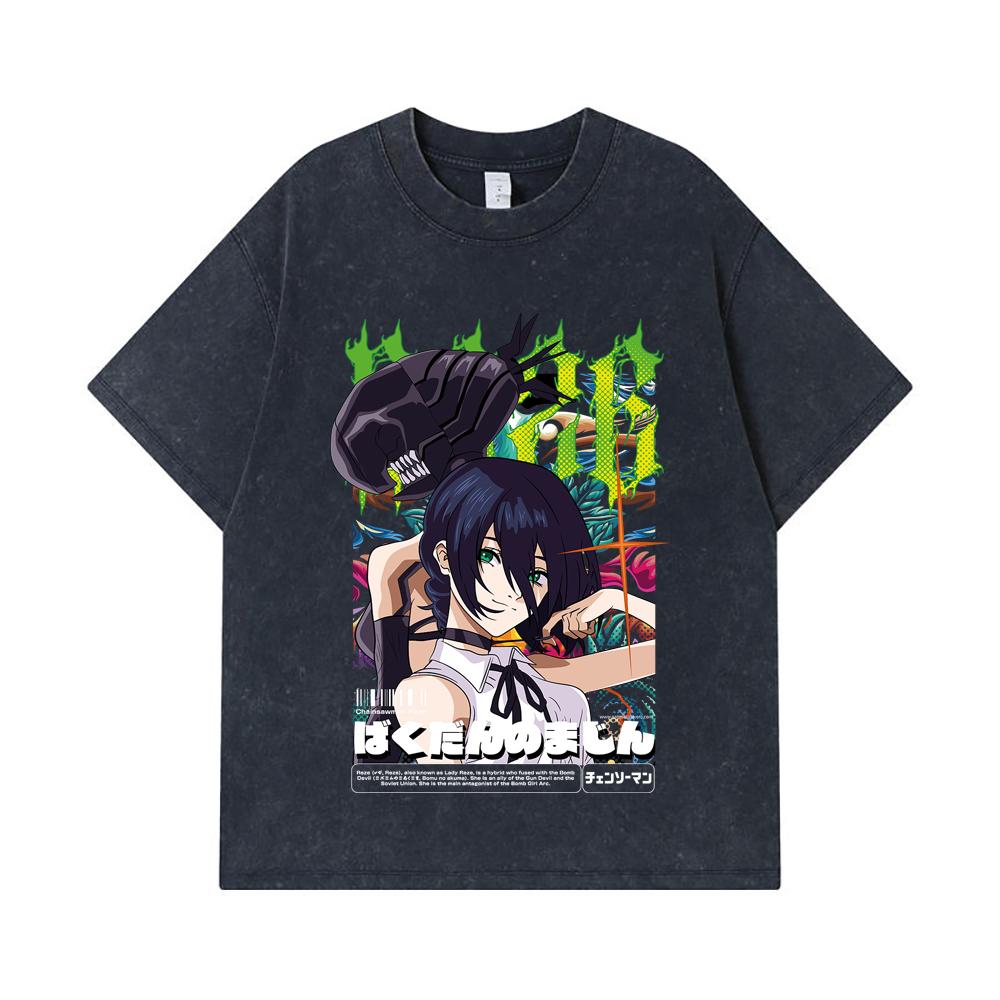 275 GSM Washed T-shirts 100% Cotton Chainsaw Man V54 Reze Print Unisex Heavy Cotton T Shirt