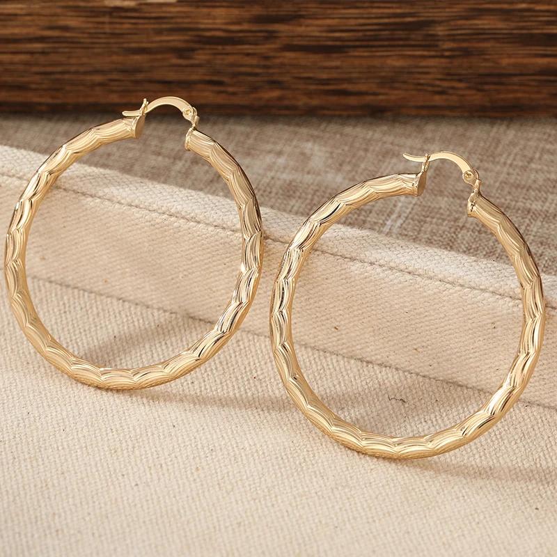 New Women's Ring Gold Plated Wave Pattern Earrings Round Earrings Luxury Jewelry Wedding Anniversary Gift