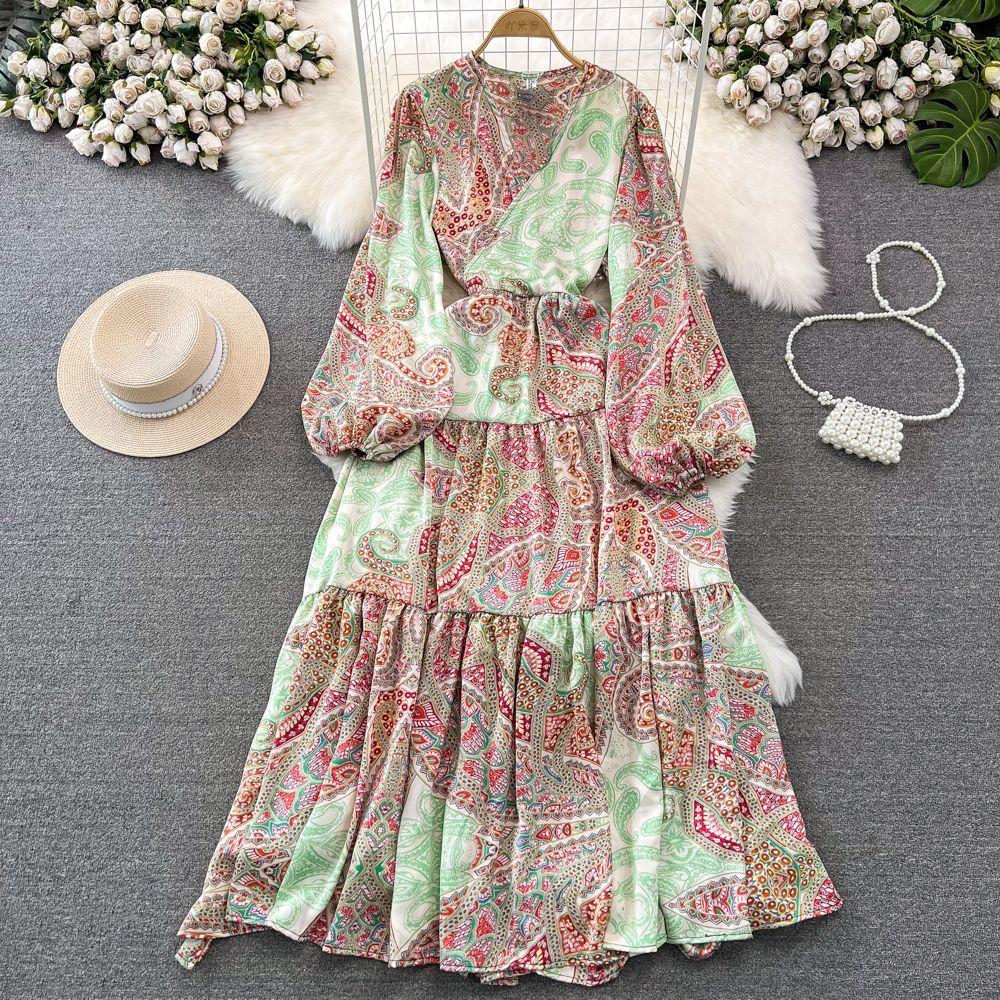 High-end Celebrity Temperament Lantern Long-sleeved V-neck Waist Thin A-word Printed Dress Elegant Pendulum Long Skirt