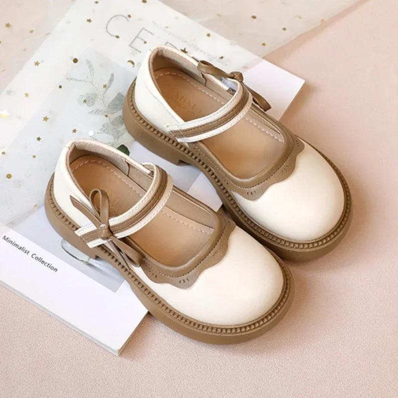 Fashion Girl School Shoes Kids Trendy Patchwork Bowknot Princess Shoes Children Shallow Mary Janes Toddler Ruffled Leather Shoes