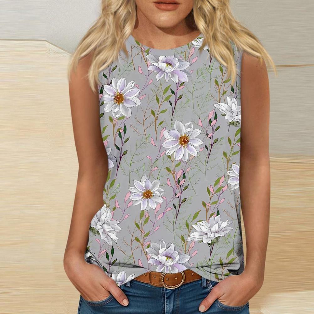 

Женская футболка без рукавов с 3D цветочным принтом, ретро повседневный жилет с круглым вырезом и открытыми плечами, топ без рукавов в стиле Y2K, футболка, женская одежда 5XL