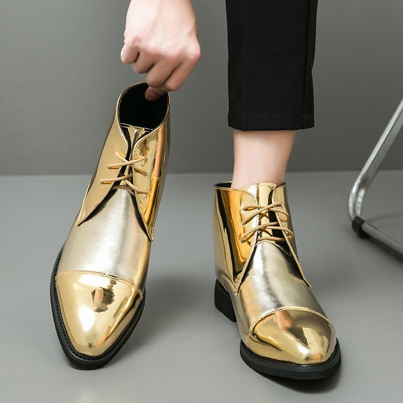 Large Size Gold High-top Pointed Leather Shoes Size 46 Retro Short Leather Boots Lace-up Glossy Personalized Martin Boots
