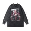 Vintage Washed Cotton Graphic Tee Men Loose Fit Round Neck Long Sleeve Anime Print Casual Top