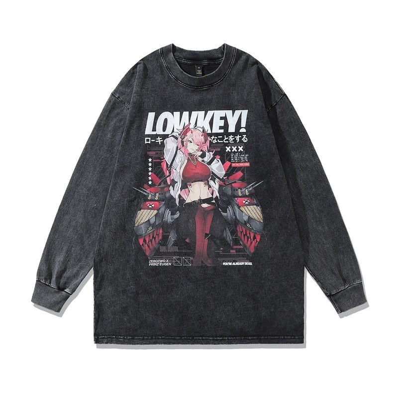 Vintage Washed Cotton Graphic Tee Men Loose Fit Round Neck Long Sleeve Anime Print Casual Top