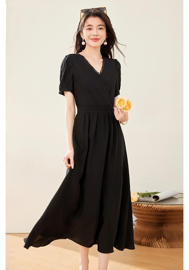 French Style V-Neck Bubble Sleeve Waist-Cinching Long Dress for Women