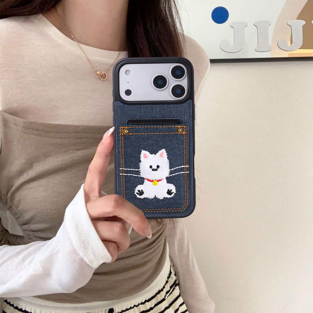 Cartoon Denim Embroidered Dog Faux Leather Phone Case Card Holder Premium Stylish for iPhone 17 Pro Max/17Air Pro