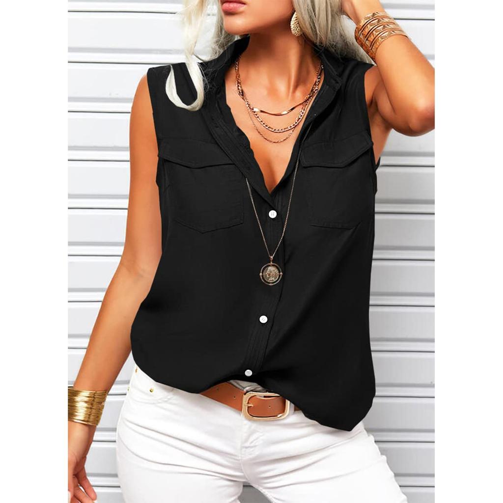 Dámská jednobarevná tílka s klopou bez rukávů Letní košile s knoflíkem dolů Kancelářské dámské košile
