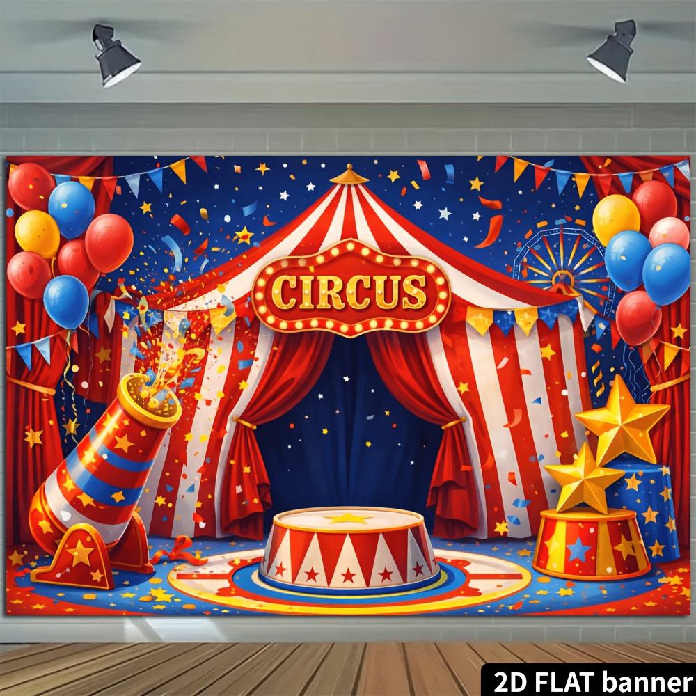 2D planar circus carnival party banner background. Circus theme, featuring red and white striped tents and colorful balloons.