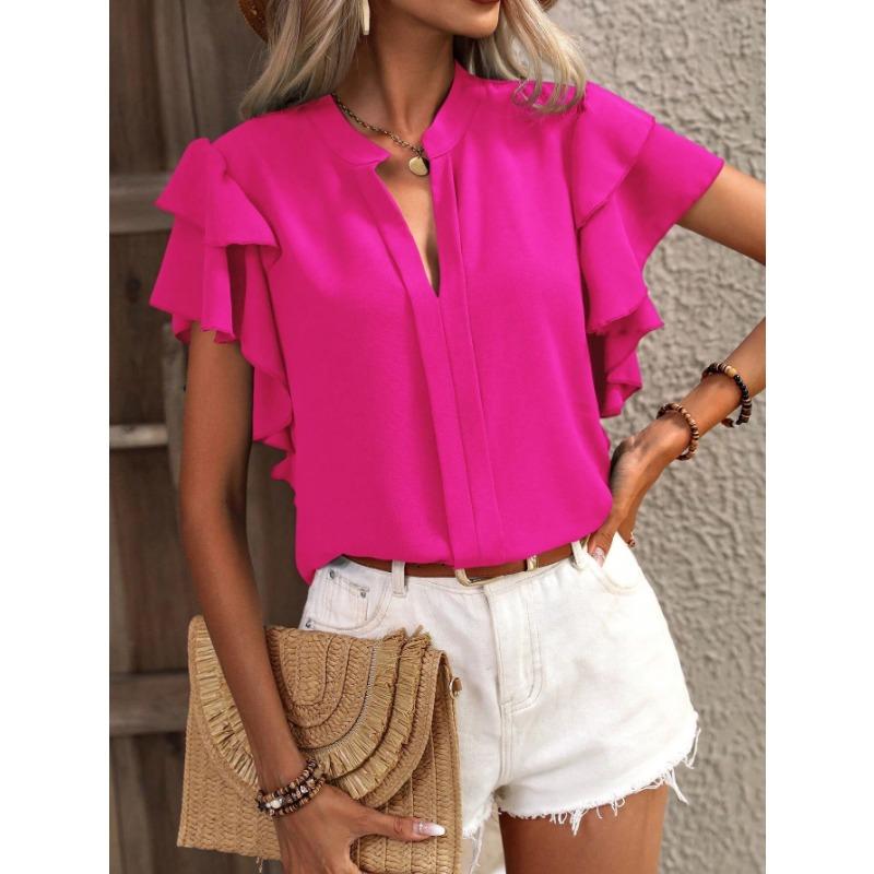 Women's Ruffle Sleeve V Neck Chiffon Blouse Casual Stand Collar Loose Summer Top