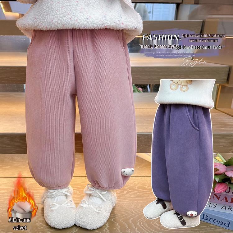 Meng Tang Tang Girls' Plus Velvet Cartoon Pants - Stylish Winter Wear for Kids