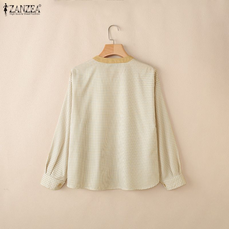 ZANZEA Women Grid Print Casual Round Neck Long Sleeve Blouse