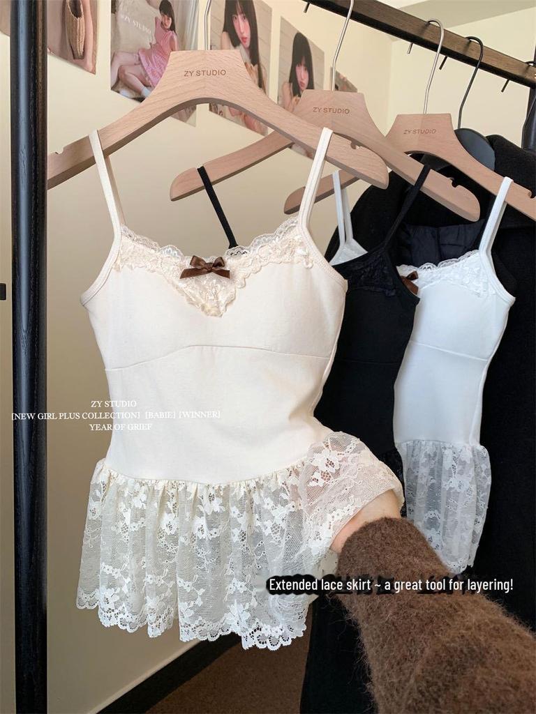 Women's Sweet French Bow Layered White Lace Camisole - Sleeveless Top for Autumn and Winter