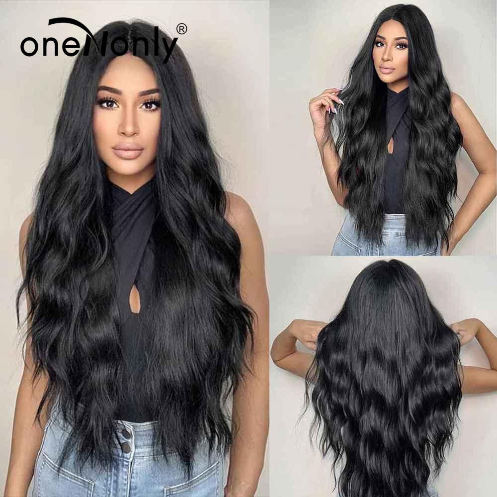 

Синтетические парики oneNonly хорошего качества, длинные волны, черный, розовый парик, волосы для женщин, повседневные натуральные вечерние, косплей, термостойкое волокно LC8080-1