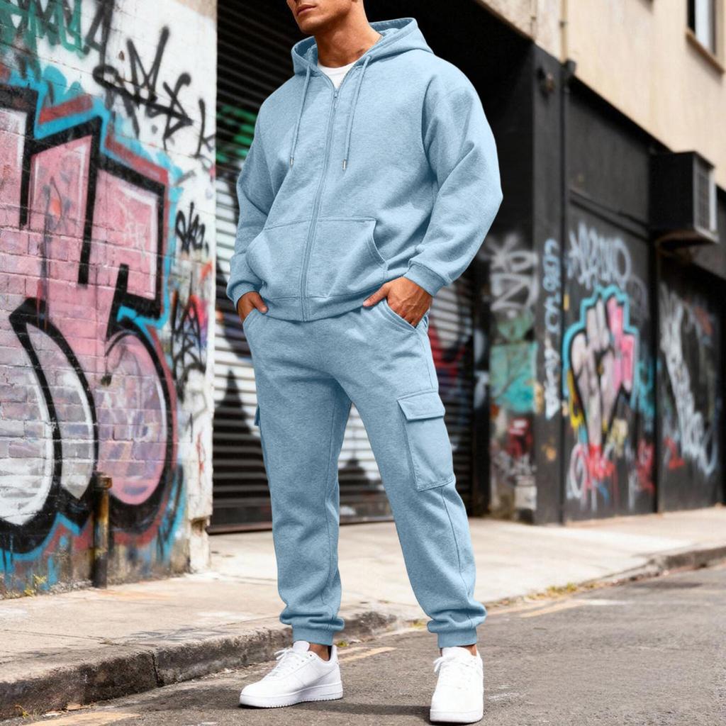 Men's Fleece-Lined Thermal Two-Piece Tracksuit | Color Hooded Sweatshirt Jacket & Elastic Waist Cargo Joggers For Casual Outdoor