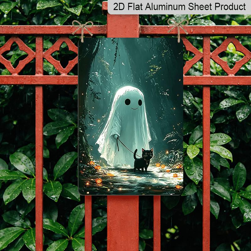 2D Flat, 1pc Halloween Cute Ghost & Black Cat Aluminum Sign, Lloween Wall Decor for Haunted House, Party, Home, Bathroom - Spooky Housewarming Gift