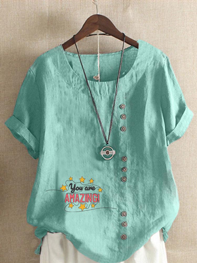 Women's Fashion Letter Print Round Neck Short Sleeve T-shirt Casual Cotton Linen Graphic Shirt Leisure Loose Summer Blouse Tops