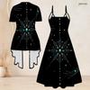Women Plus Size Two Piece Dress Set Short Sleeve Open Cardigan Strappy V Neck Flared Printed Dress
