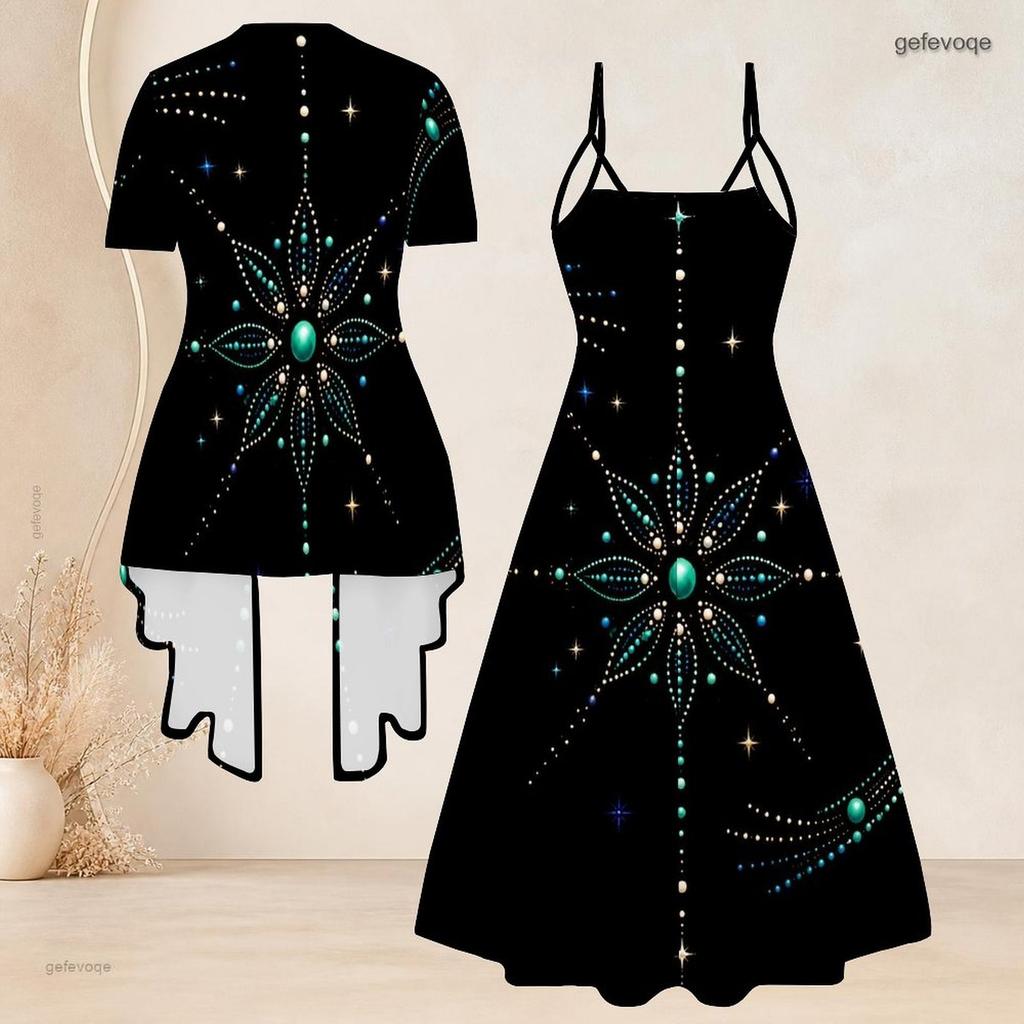 Women Plus Size Two Piece Dress Set Short Sleeve Open Cardigan Strappy V Neck Flared Printed Dress