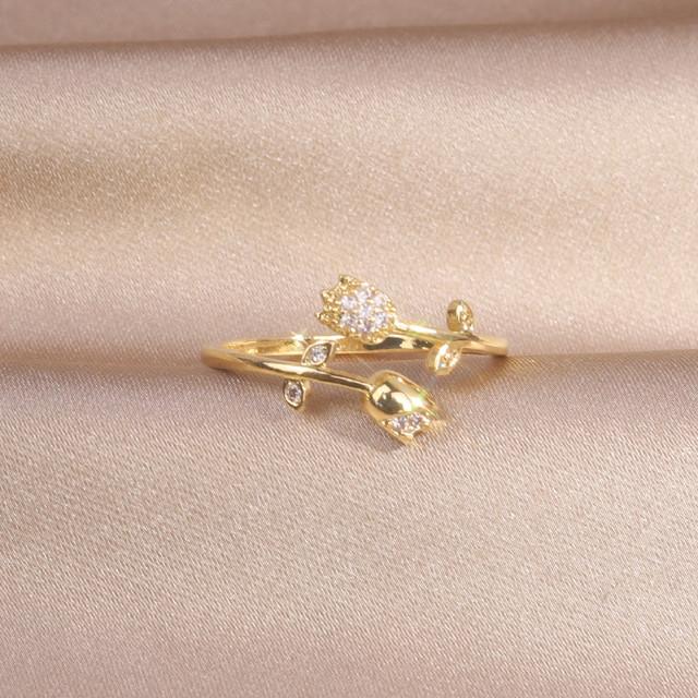 Korea  Design Fashion Jewelry 14K Real Gold Plated Leaf Zircon Cat Double Tulip Ring Elegant Women's Opening Adjustable Ring